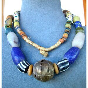 Vintage African Handmade Glass & Brass Trade Bead Necklace 30"